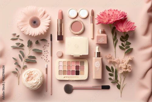 a pink table with a bunch of makeup and flowers on it and a pink flower on the side of the table with a pink flower on it and a pink background with a pink flower., generative ai